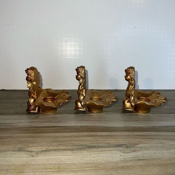 Vintage Ornate Cherub Candle Holder Angels Set 3 Gold Tone Hollywood Regency - Picture 6 of 7